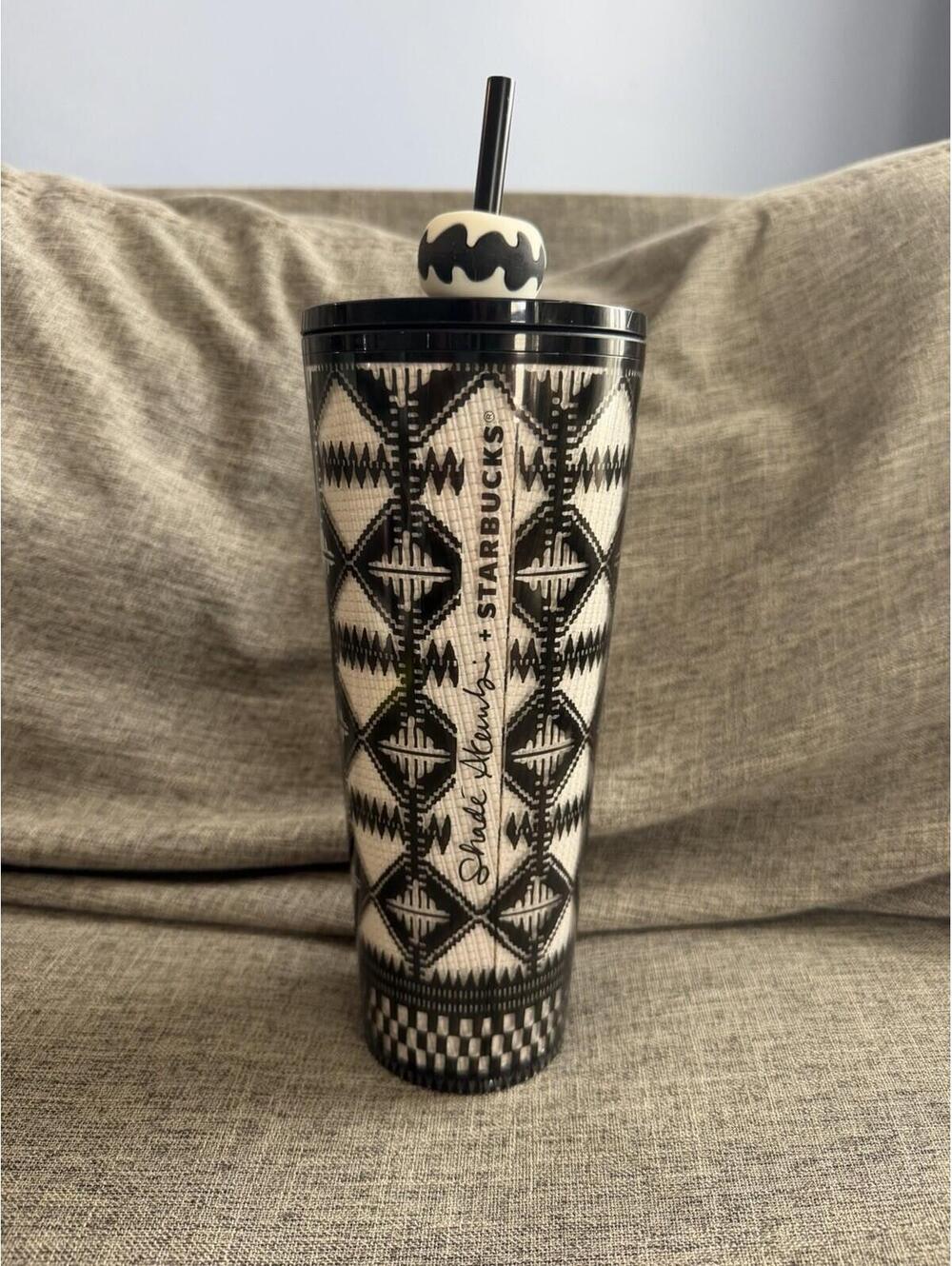 Starbucks + Shade Akanbi 24oz Tumbler Black & White Straw Silicone Topper New